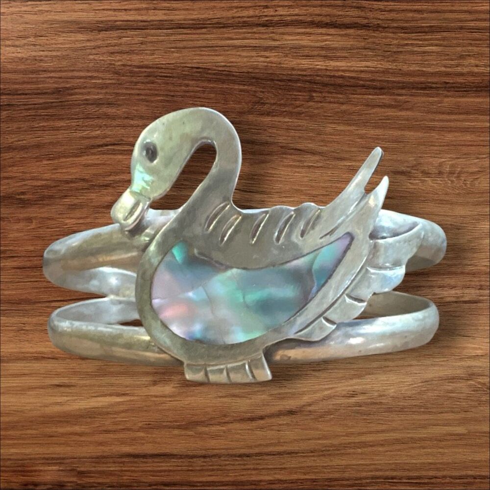 Vintage Mexico Swan Mother of Pearl Shell Inlay Double Band Cuff Bracelet 6.5